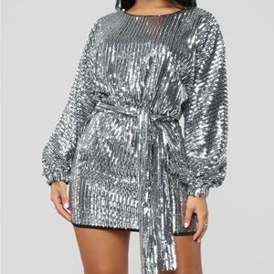 NWT- Fashion Nova Silver Long Sleeve Mini Sequin Dress- Oversized Fit- Size XS